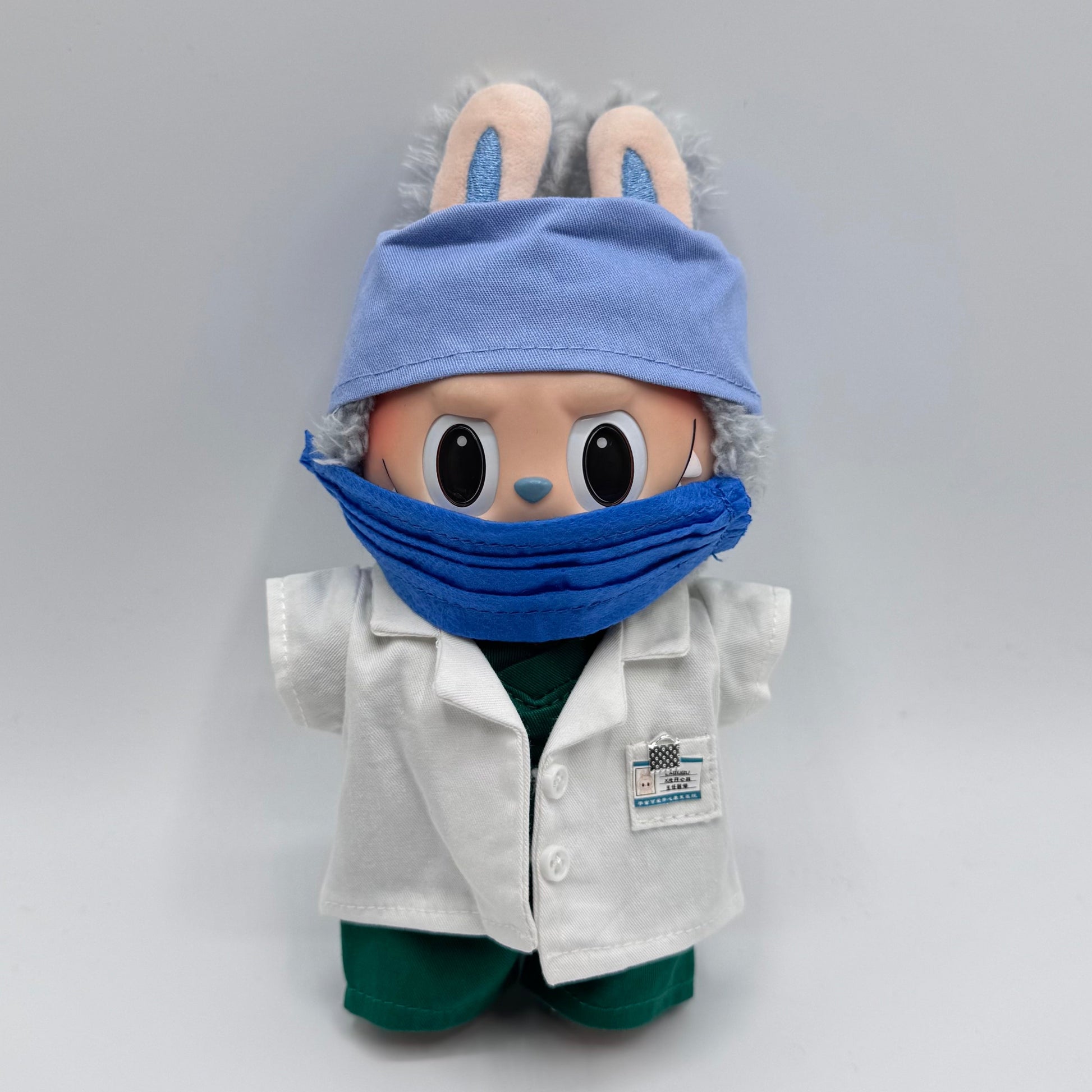 Labubu doctor outfit in white lab coat with a blue mask/bubuworld 