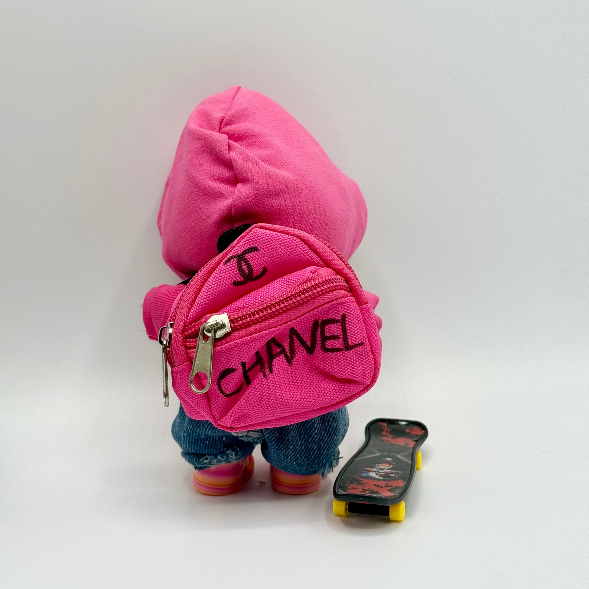 Labubu Hot Pink Chanel Style Hoodie Streetwear Outfit Set with Sunglasses & Skateboard (Doll Not Included)