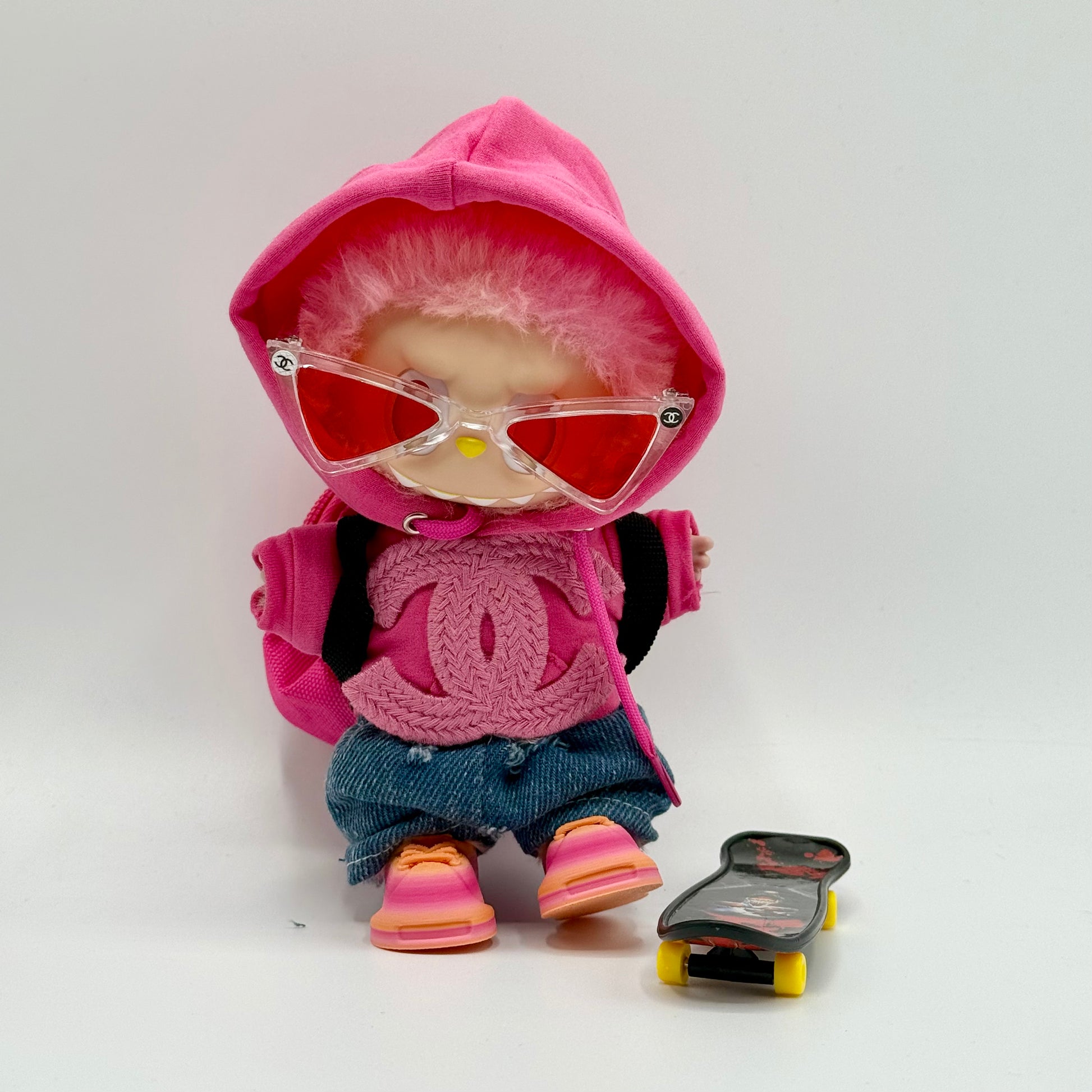 Labubu Hot Pink Chanel Style Hoodie Streetwear Outfit Set with Sunglasses & Skateboard (Doll Not Included)