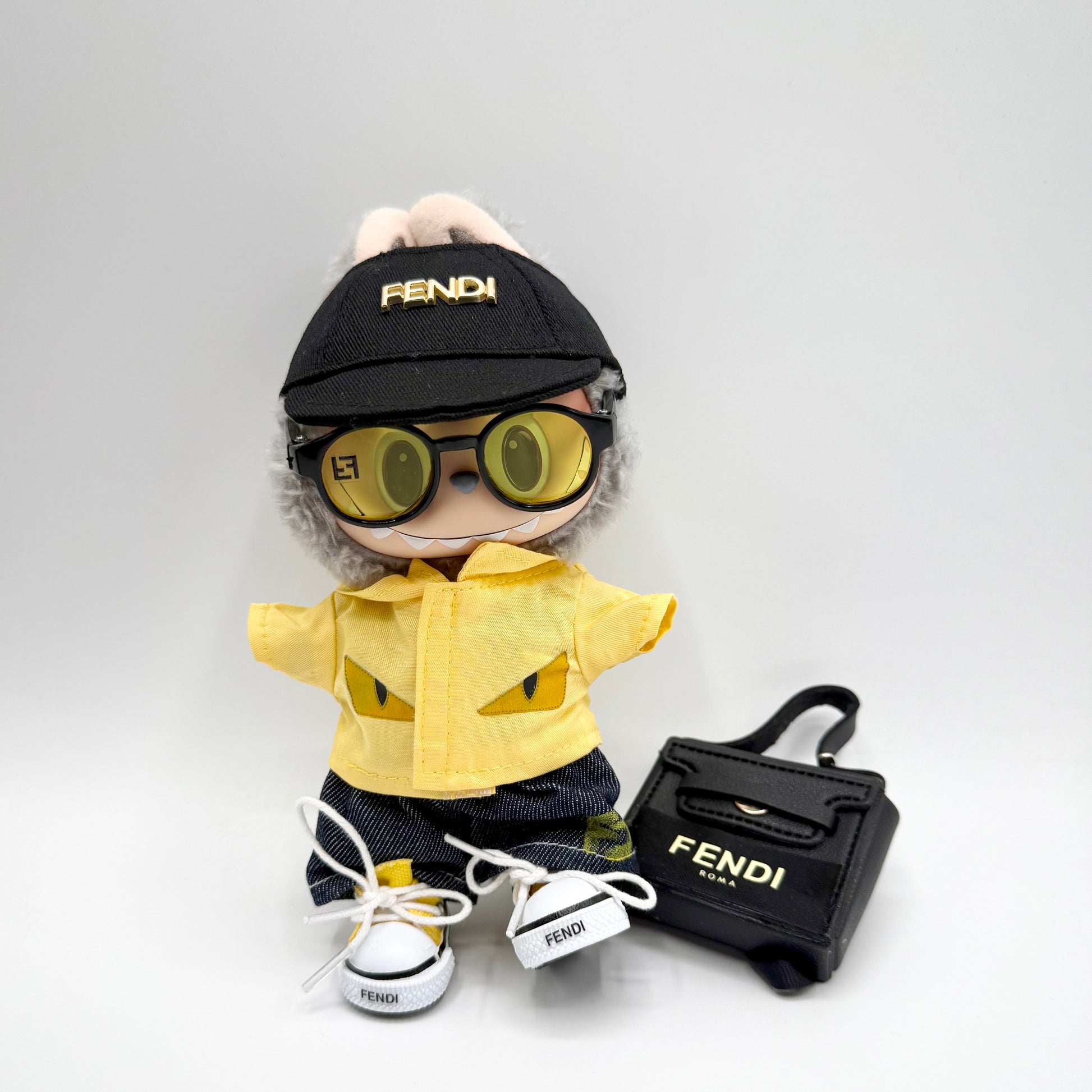 Labubu Fendi outfit, Labubu yellow shirt, Labubu streetwear, Labubu doll clothes, Labubu fashion outfit, Labubu accessories, Labubu 4 inch, Labubu 5 inch, designer doll outfit, Labubu sneakers, Labubu bag