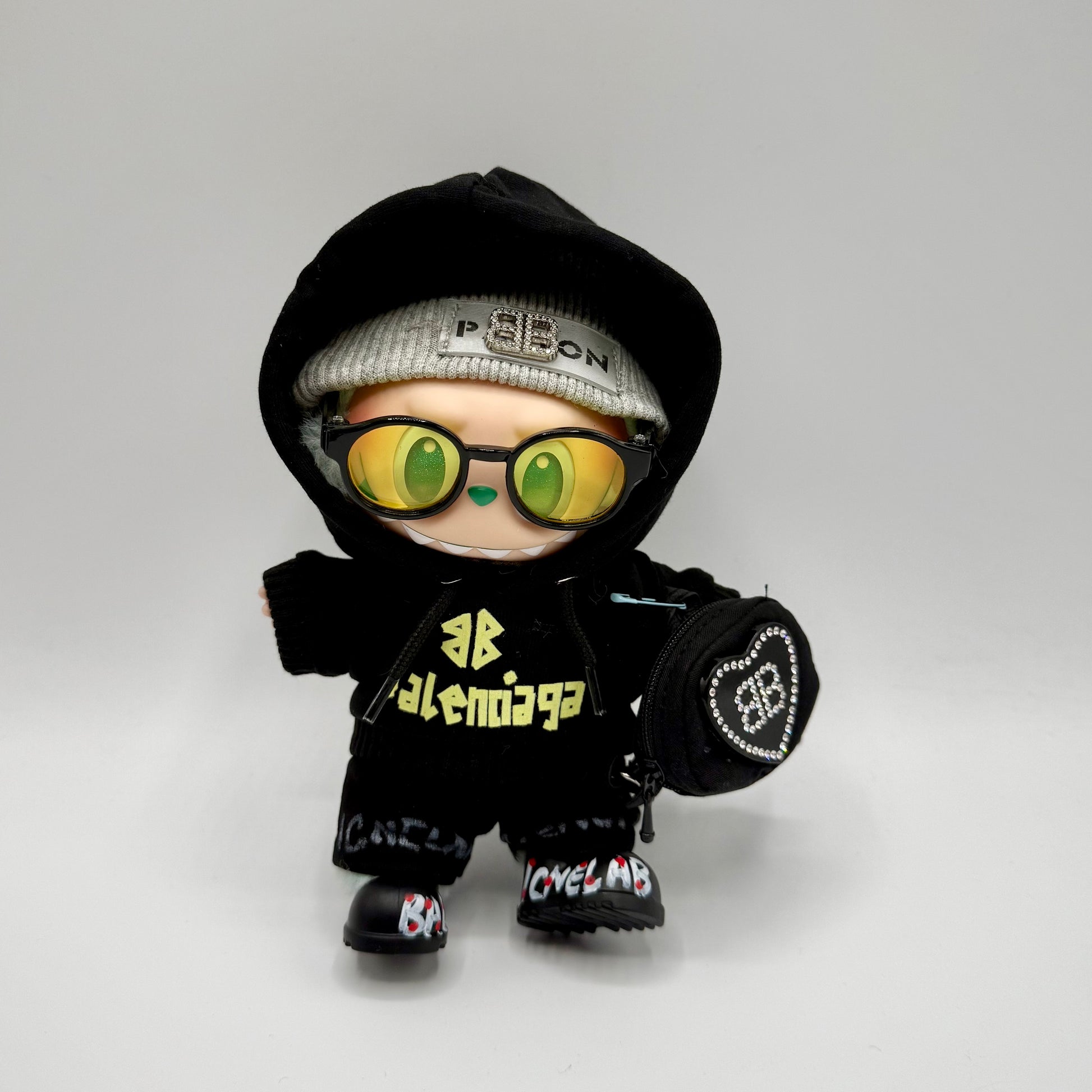 Labubu Black Balenciaga Hoodie & Heart Bag Outfit Full Set (Doll Not Included)