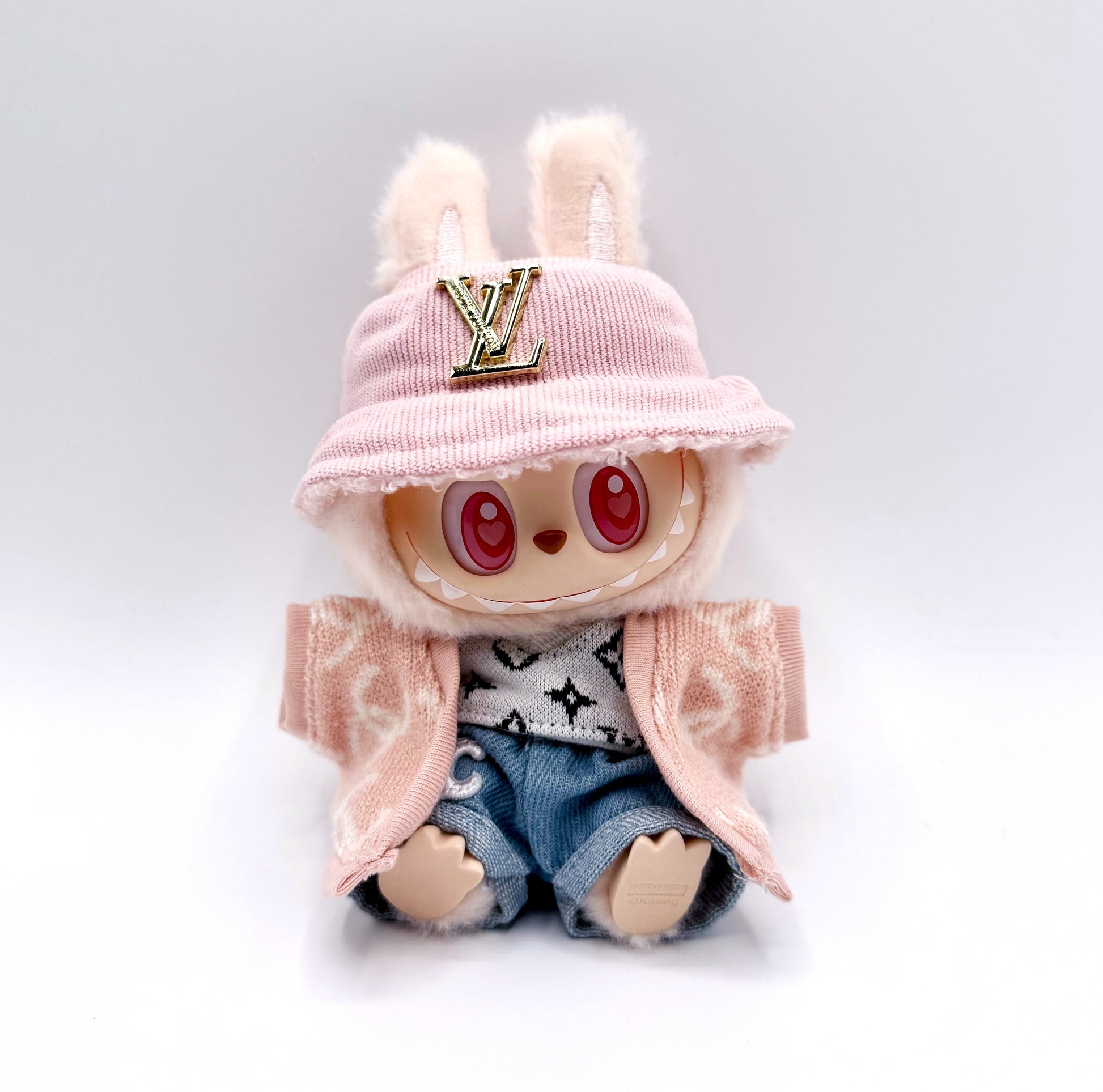 Labubu Pink LV Style Bucket Hat & Cardigan Outfit Set for 4-5 Inch Dolls (Doll Not Included)