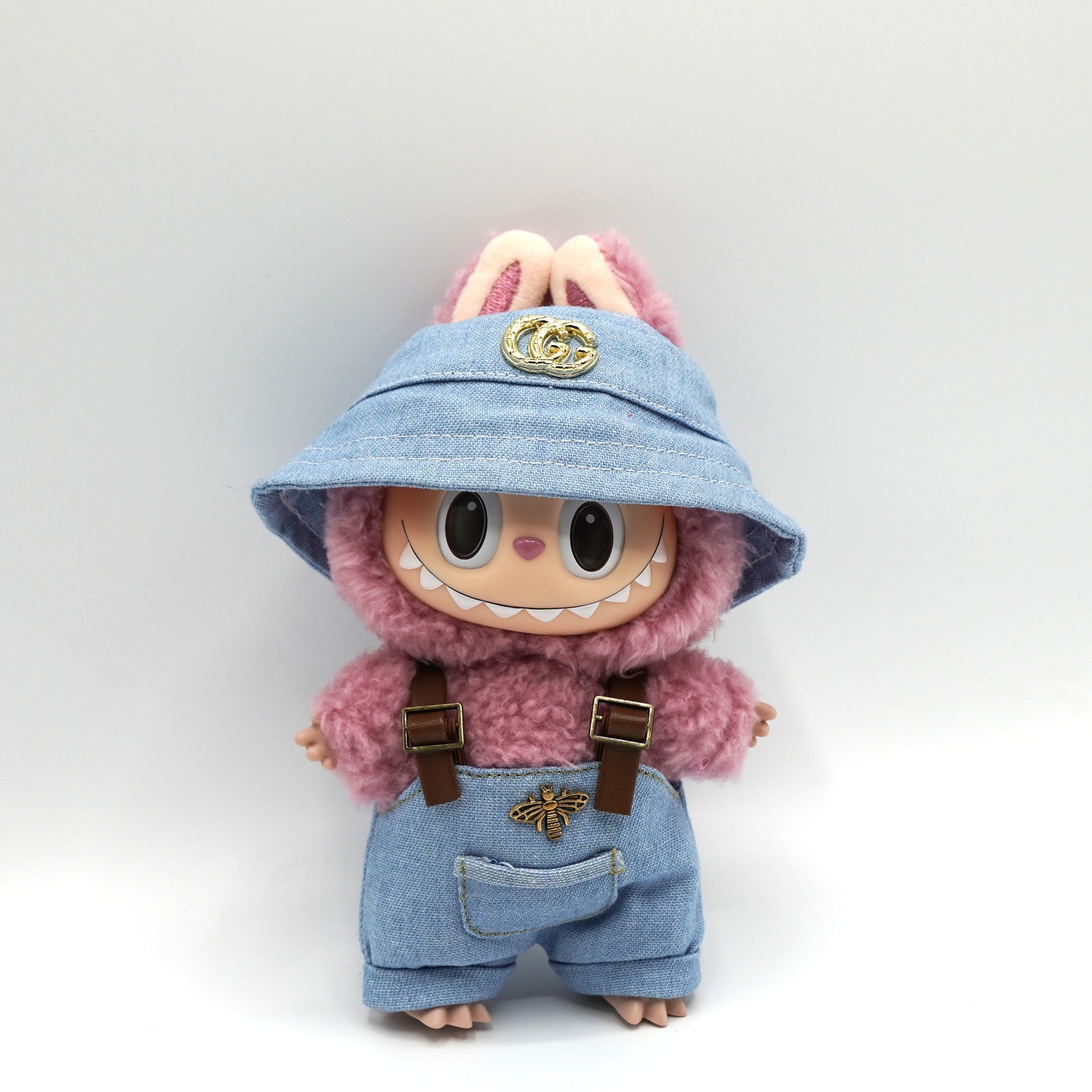 Labubu Doll Clothing – Gucci Denim Overall Set with Bee Embroidery
