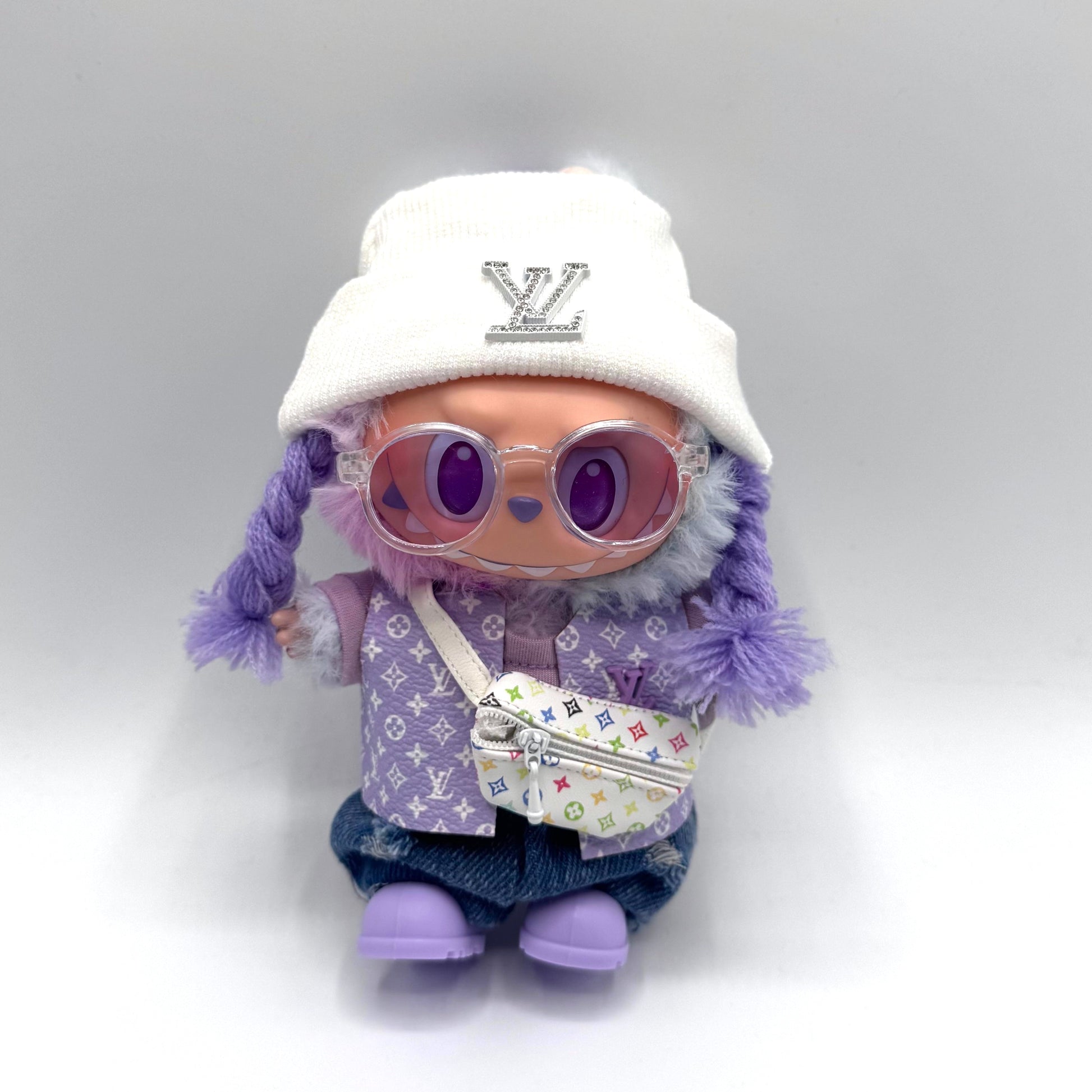 Labubu LV Purple Monogram Streetwear Outfit Set with White Beanie & Crossbody Bag (Doll Not Included)