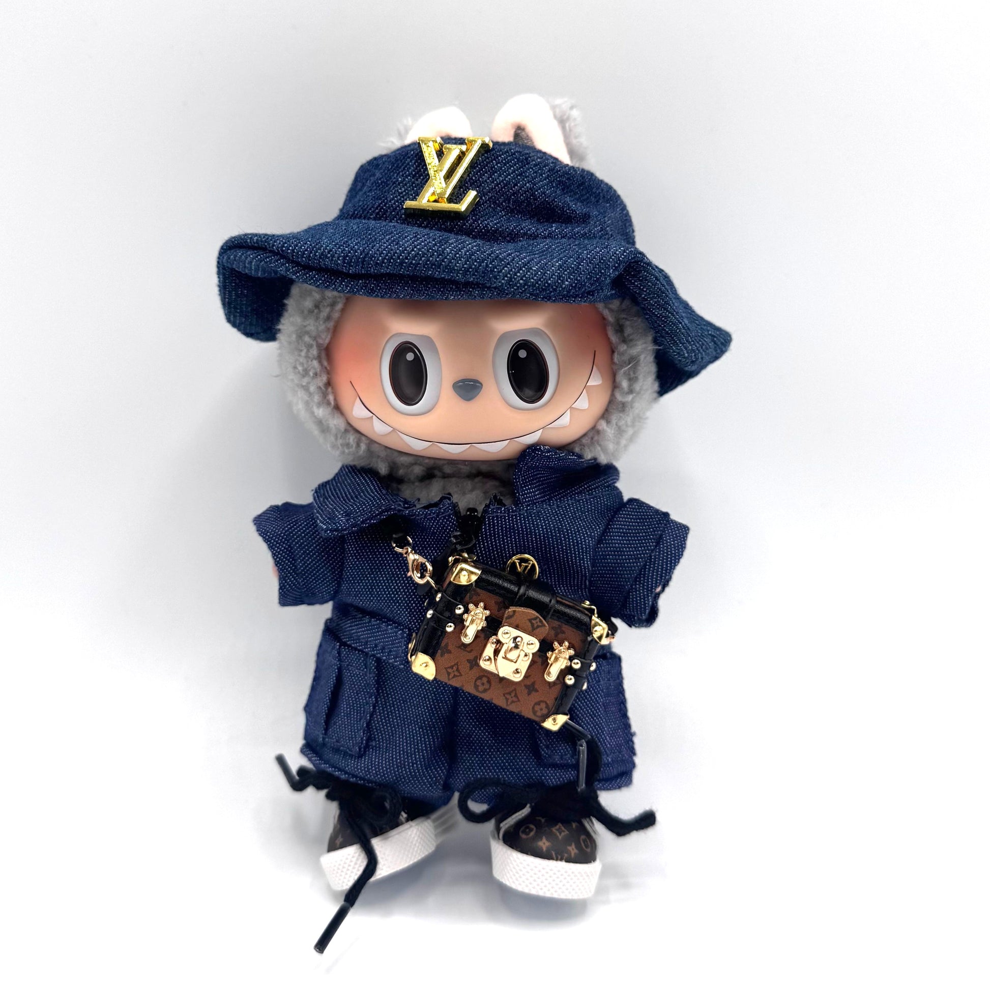 Labubu LV Denim Luxe Explorer Set with Mini Trunk Bag & Monogram Sneakers (Doll Not Included)